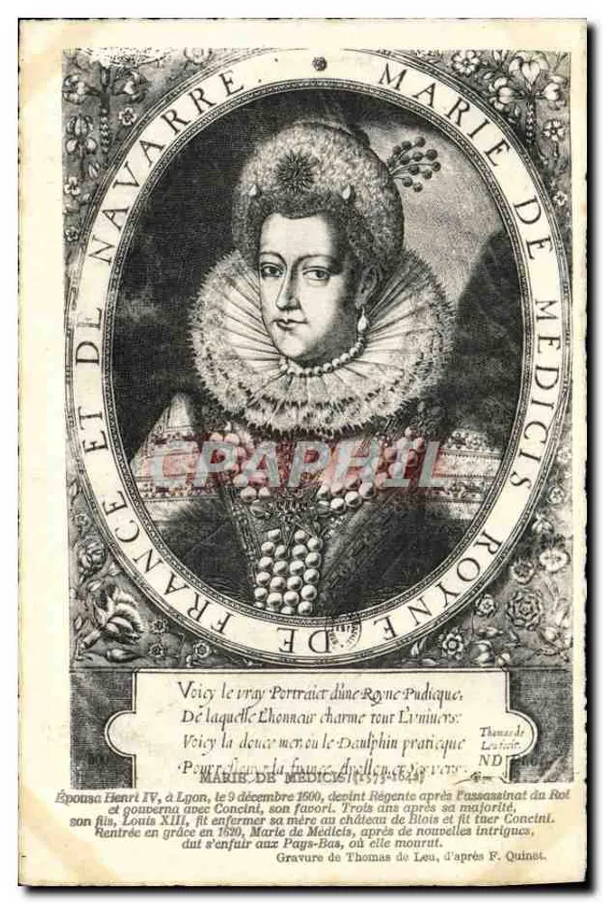 Marie de Médicis — Rainha da França — Gravura de Thomas de Leu segundo F. Quinot - Frente