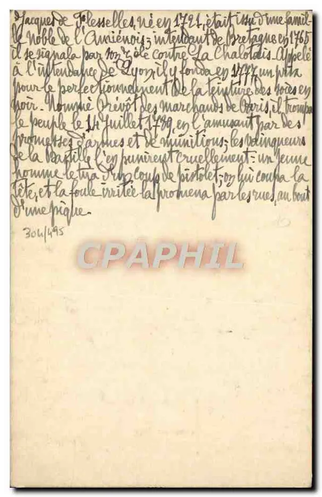 Jacques de Flesselles — Prévôt der Märker von Paris, am 14. Juli 1789 erschossen — (V.A.P.) - Rückseite