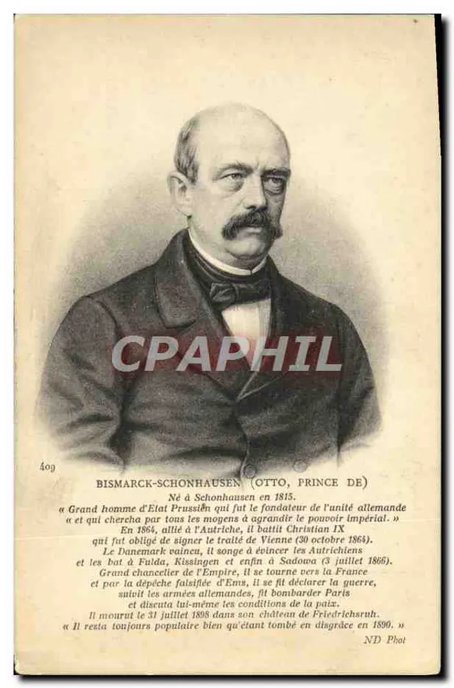Otto von Bismarck — retrato com texto biográfico — ND Phot, n° 409 - Frente