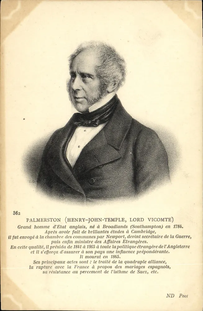 Palmerston (Henry-John-Temple, Lord Viscount) — gravuriertes Porträt — ND Phot - Vorderseite