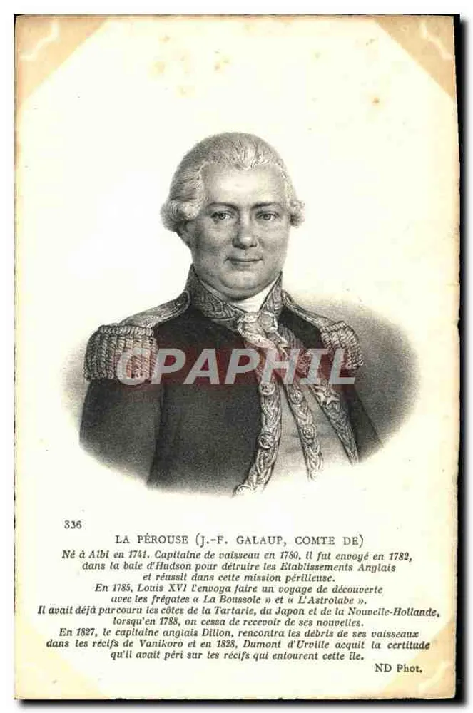 La Pérouse (J.-F. Galaup, conde de) — retrato grabado — ND Phot. - Anverso