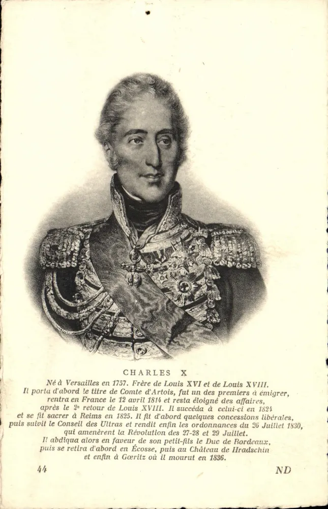 Carlos X — Retrato — Nascido em Versailles em 1757 — Editor Néaumans & Lefèvre, Paris, n° 44 - Frente