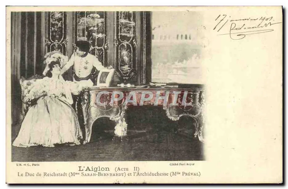 L'Aiglon (Acte II) — scène de théâtre avec Le Duc de Reichstadt (Mme Sarah Bernhardt) et l'Archiduchesse (Mme Préval) — éditeur L'H. et C., Paris, n° de série non visible - Vorderseite