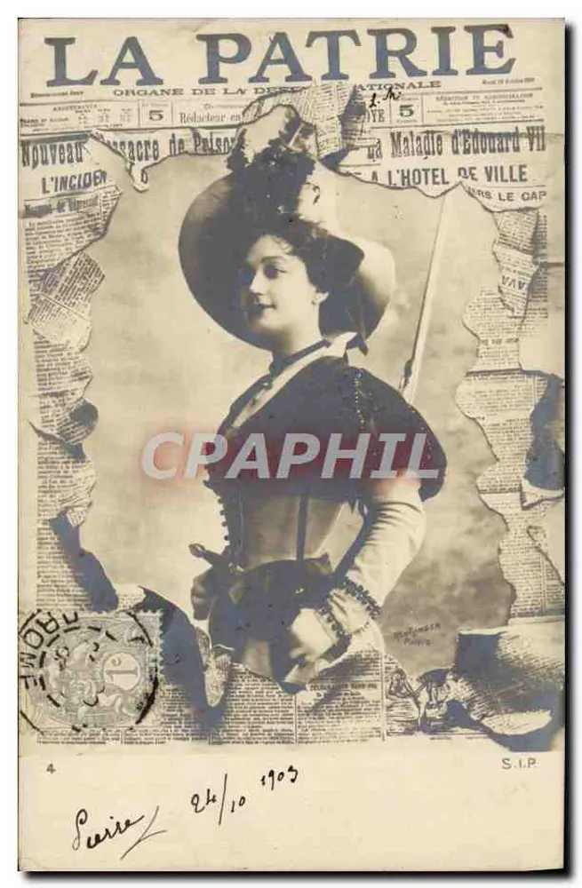 Frau im historischen Kleid — La Patrie, Organ der Nationaldeputation — Serie 4, datiert 24/10/1903 - Vorderseite