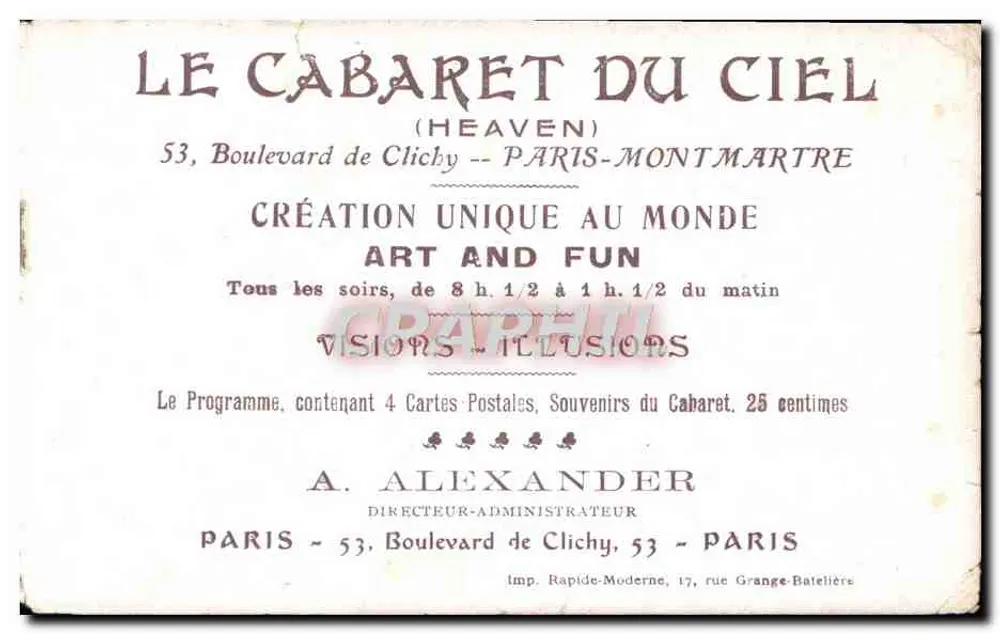 Heaven Art and Fun — Cabaret du Ciel in Montmartre — Verlag Imp. Rapide-Modérne - Rückseite