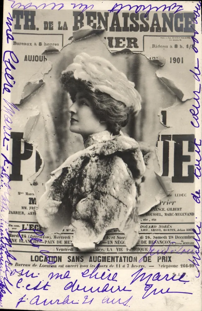 Femme en fourrure — portrait sur fond de journal déchiré — éditeur L'ÉCRIER, n°1 - Frente
