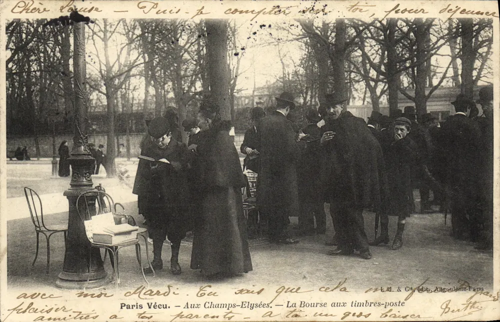 París Vécu — En los Campos Elíseos — La Bolsa de sellos — L.D. & Cie, edit. Angoulême, París - Anverso