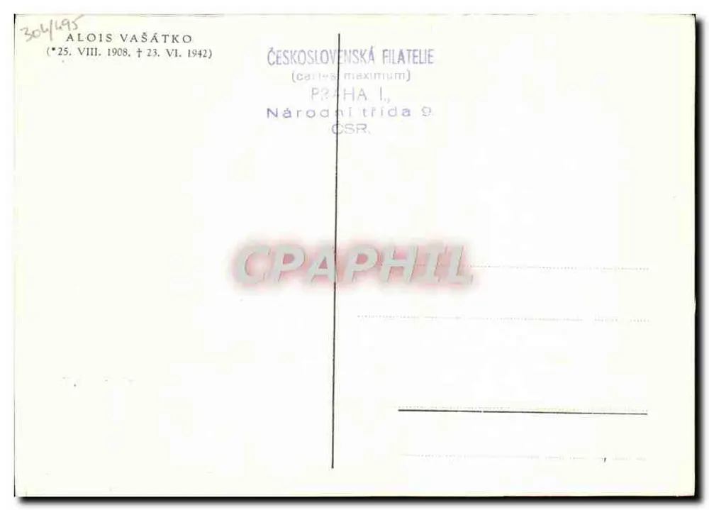 Pilot der tschechoslowakischen Luftwaffe — Alois Vašátko — Verlag Československá filatelia, Serie Carles-maximum - Rückseite