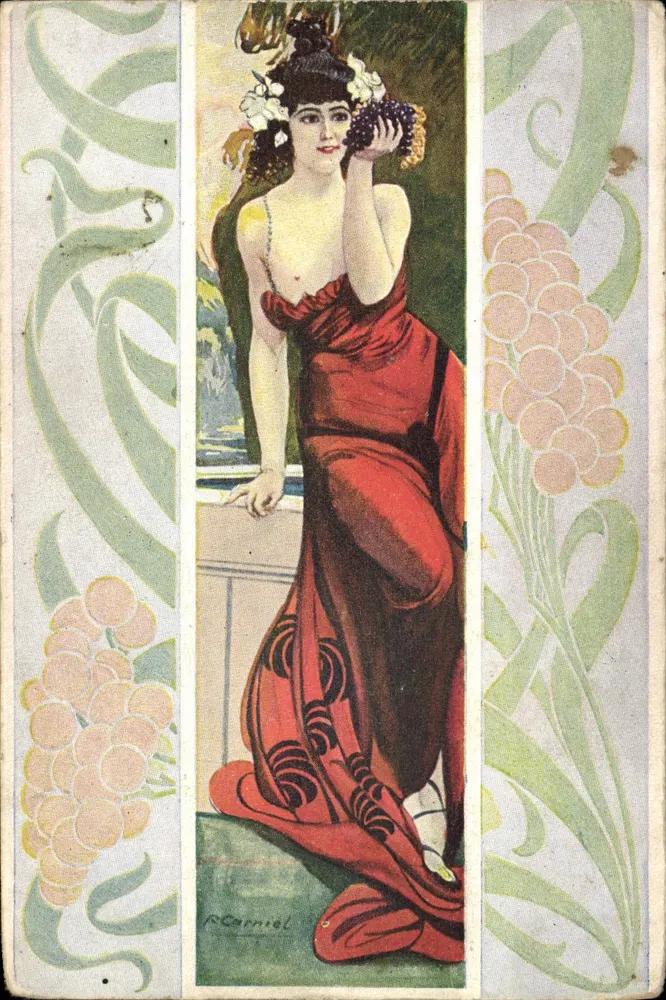 Frau in einem roten Kleid mit Traubencluster — Art nouveau — R. Carniel, Serie B, Nr. 1 - Vorderseite