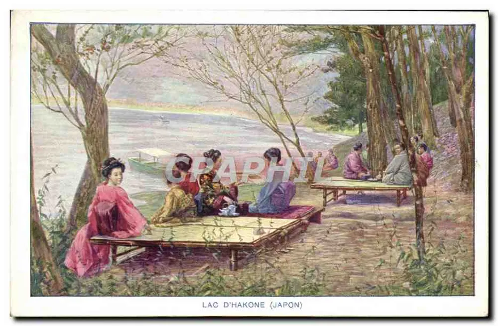 Lago de Hakone (Japão) — cena de mulheres em kimono perto de um lago — Union Universelle, N° B - Frente