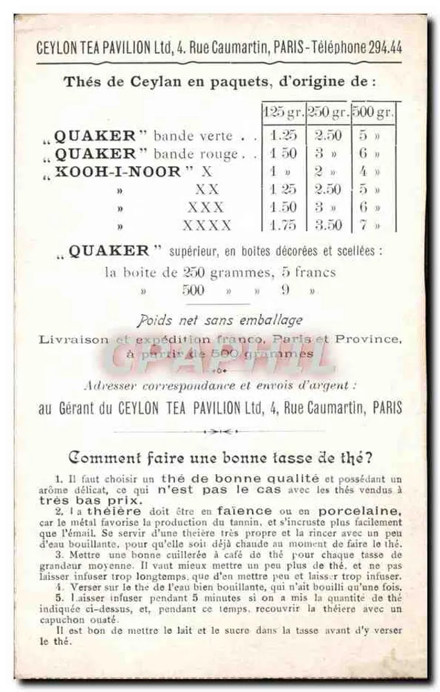 Verpackung der Tees "QUAKER" und "KOCH-I-NOOR" in unseren Geschäften in Ceylon — General Warehouses — Magasins Généraux - Rückseite