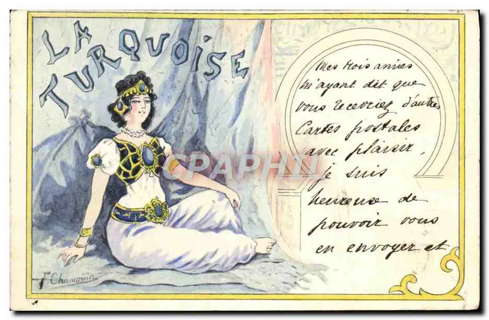 La Turquoise — sitzende Frau im orientalischen Kleid — F. Chamquin - Vorderseite