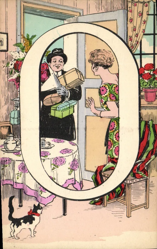 Frau, die einen Lieferanten empfängt — Illustration umrahmt von dem Buchstaben O — Verlag Lilas, Nr. 500 - Vorderseite