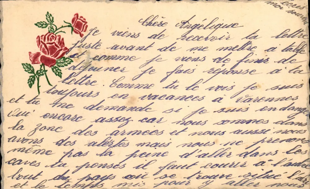 Ansichtskarte met handgeschreven bericht — roze decoratie — ontvanger: Angélique - Voorkant