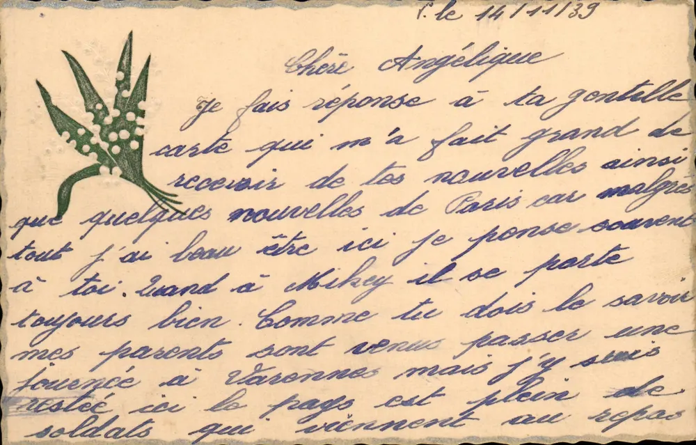 Kriegsbriefkarte — Soldaten in Alarmzustand in Varennes — datiert 14/11/1939 — Unterschrift Odette - Vorderseite