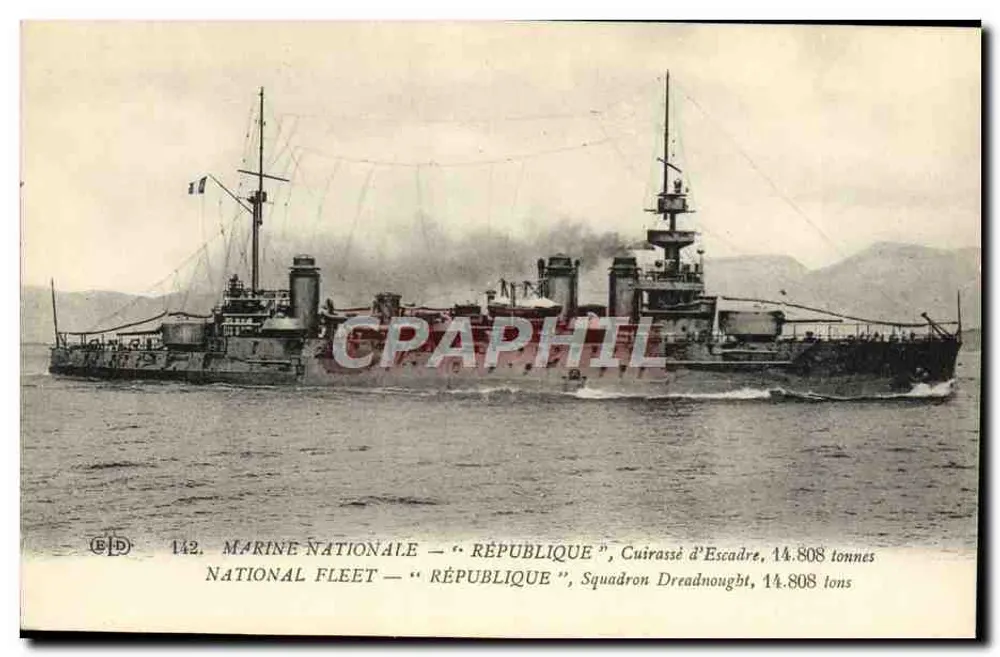 Marinha Nacional — "République" — Cegueiro de Escadra, 14.808 toneladas — E. Le Deley, Paris - Frente