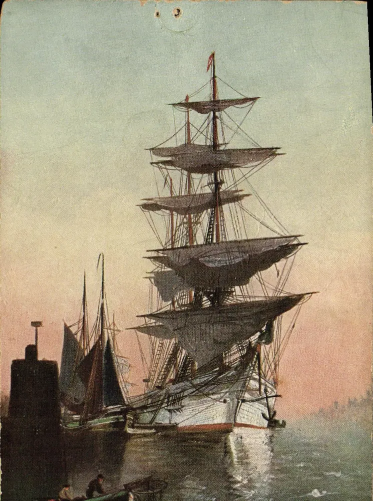 Navire à voile — Port au crépuscule — T.S. N. (éditeur imprimé sur le verso) - Frente