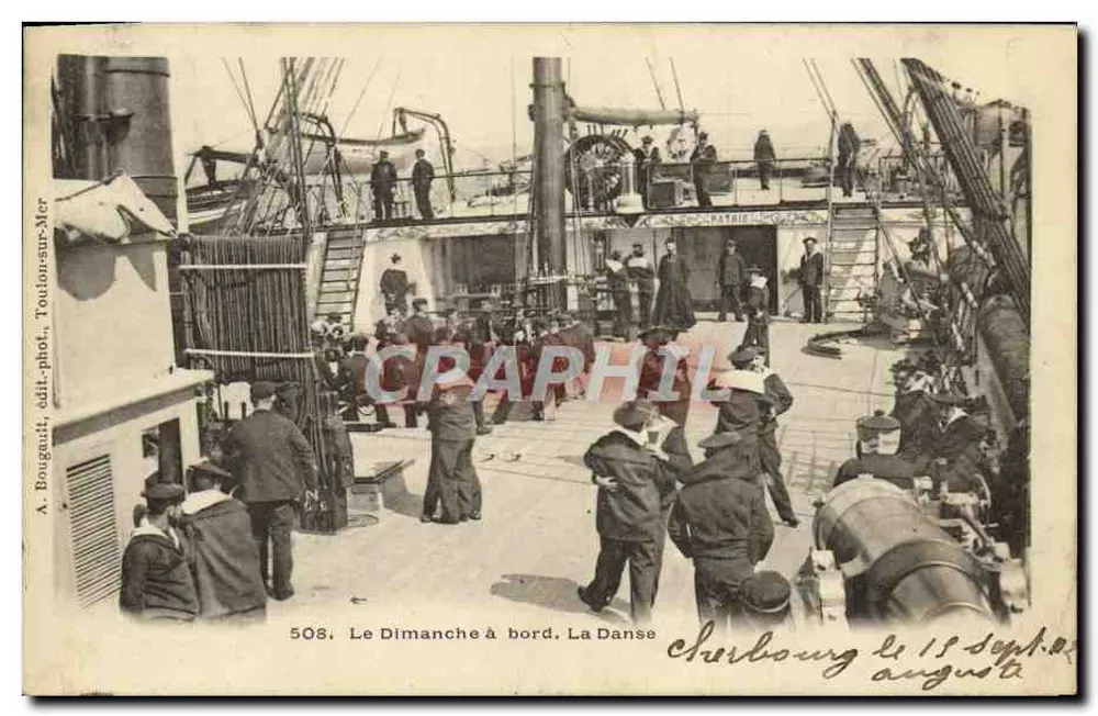No domingo a bordo, A Dança — Cherbourg, 15 de setembro — A. Bougnaut, editor-fotógrafo, Toulon-sur-Mer, n° 508 - Frente