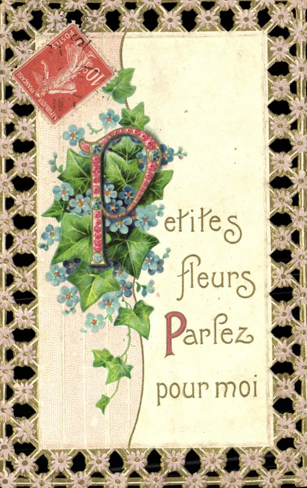 Pequenas flores — Fale por mim — Carta postal francesa com selo de 10 centavos - Frente