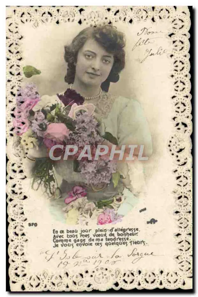 Frau mit Blumenstrauß — bemalte Karte mit Spitze — unbekannter Verlag, Nr. 570 - Vorderseite