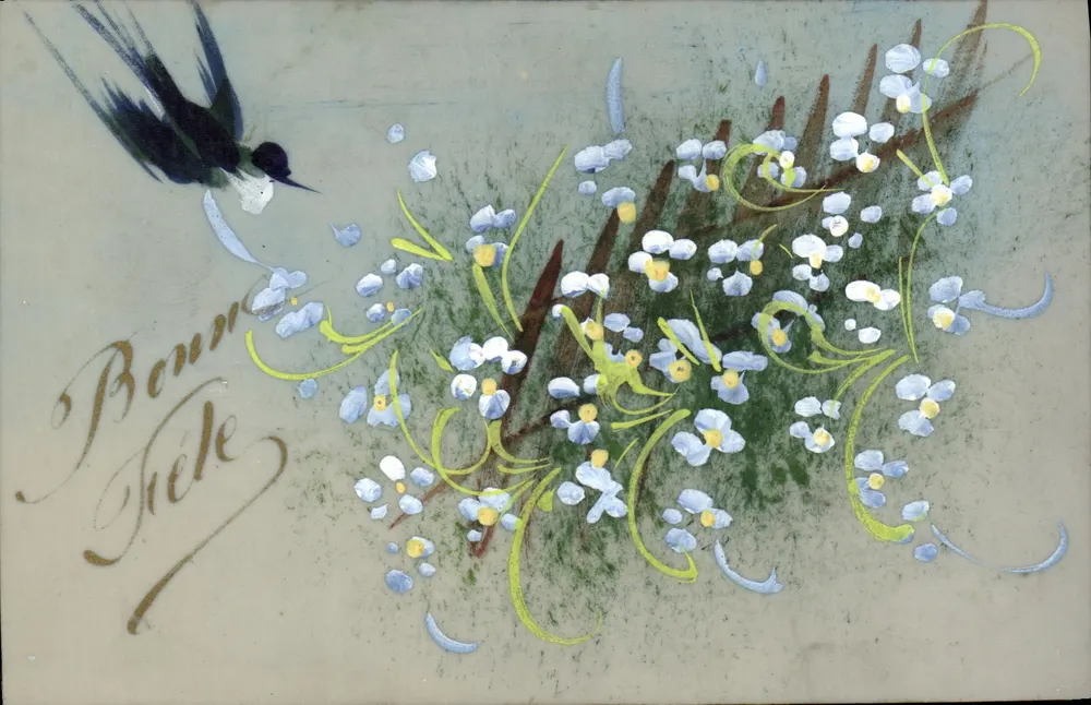 Ave e flores — Boa Festa — Carta postal - Frente