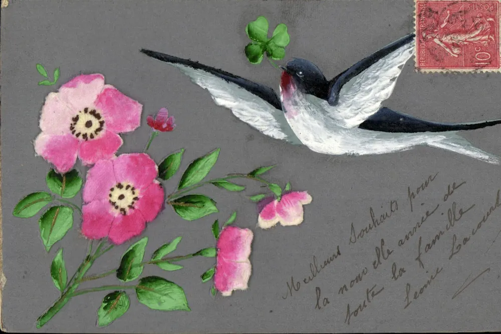 Vogel mit Kleeblatt — Rosen — Verlag Coquette, Serie 11905 - Vorderseite