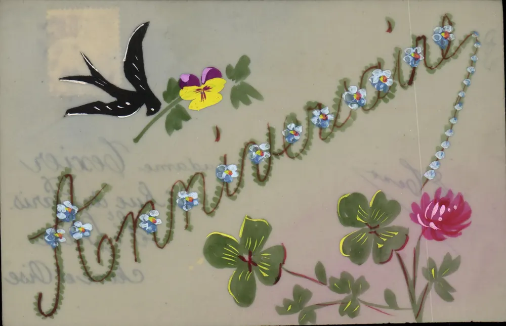 Glückwünsche — 'Glückwünsche' verziert mit Blumen und einem Vogel — Verlag nicht sichtbar - Vorderseite