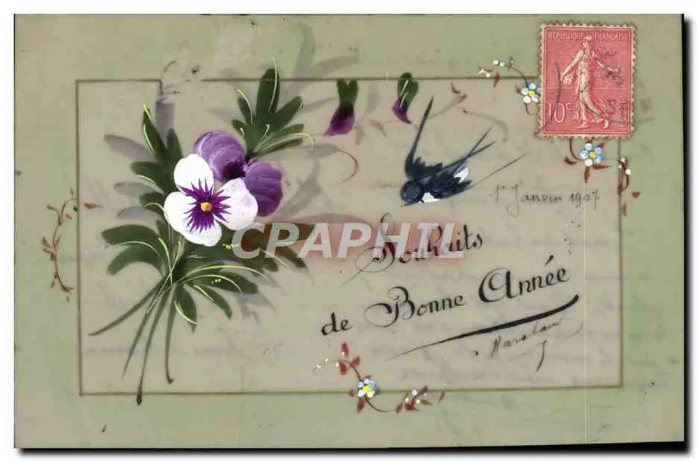 Blumen und Vögel — Jahresgrußkarte für 1907 — Verlag nicht sichtbar - Vorderseite