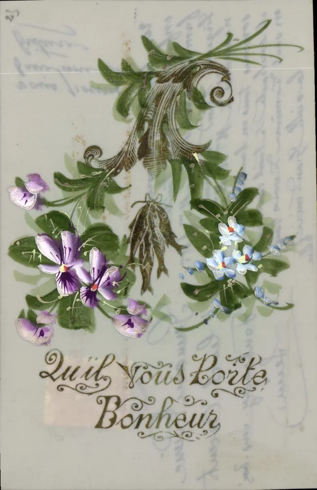 Flores — violetas e buganvílias — carta postal S.N.S. com selo de 10c - Frente