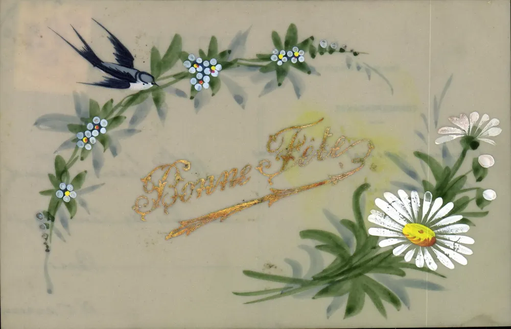 Bom Aniversário — pássaro e flores — Carte postale - Frente