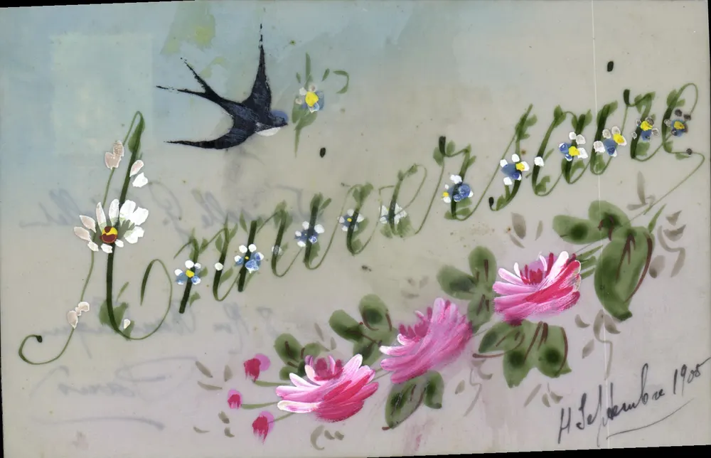 Geburtstag — Blumendesign mit Schwalbe — H. Le Dombre, 1908 - Vorderseite
