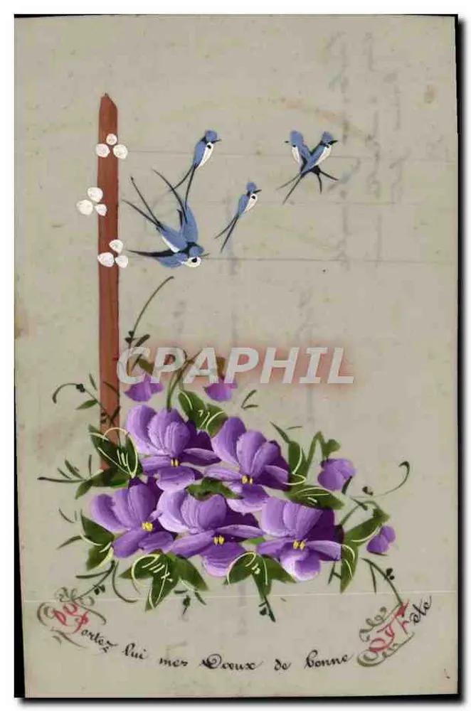 Pássaros e violetas — Carta postal ilustrada — Editor desconhecido, número de série não visível - Frente