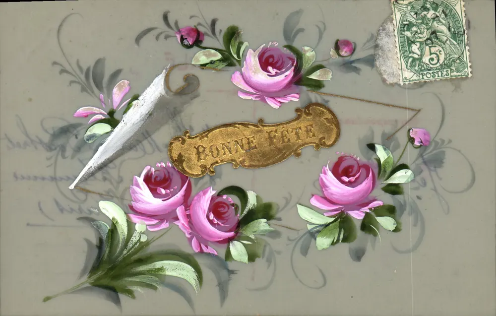 Carta postal decorativa — rosas e placa 'BONNE FÊTE' — editor 'CARTE POSTALE' (verso) - Frente