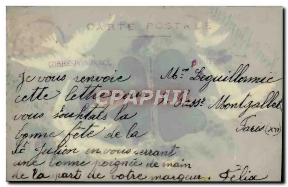 Quatre colombes — trèfle à quatre feuilles et violettes — éditeur inconnu - Verso