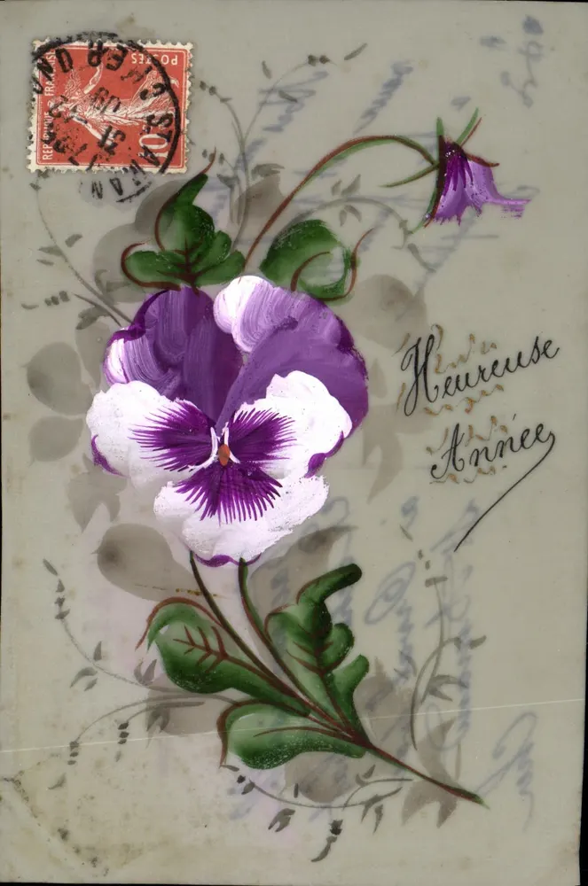 Flor de pensamento violeta — 'Ano Feliz' — Carta postal editada por CAFÉE POSTALE - Frente