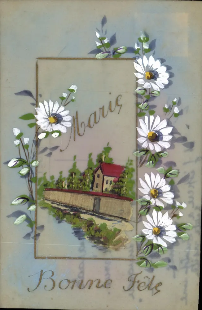 Bonne Marie — decorado de margaritas y casa junto al agua — editor no visible - Anverso