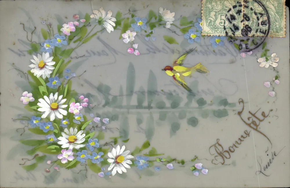 Flores y pájaro — Tarjeta postal decorativa — Editor desconocido, número de serie no visible - Anverso