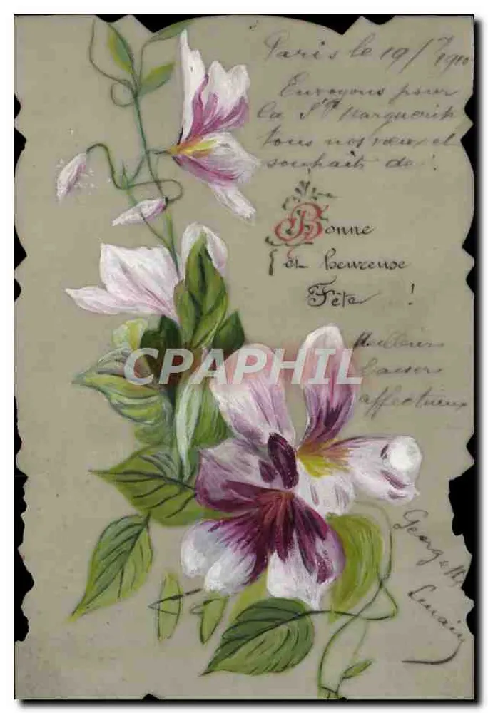 Flores de lis — carta postal pintada à mão — Paris, 1909 - Frente