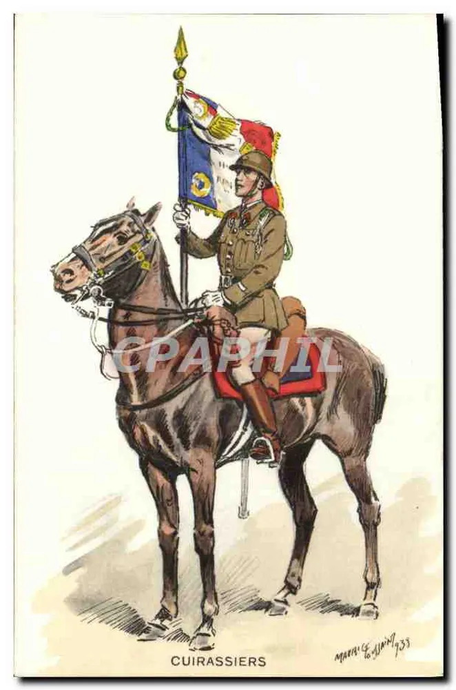 Cuirassiers — soldado a cavalo segurando uma bandeira — desenho de Marcel Godin, N° 350 - Frente