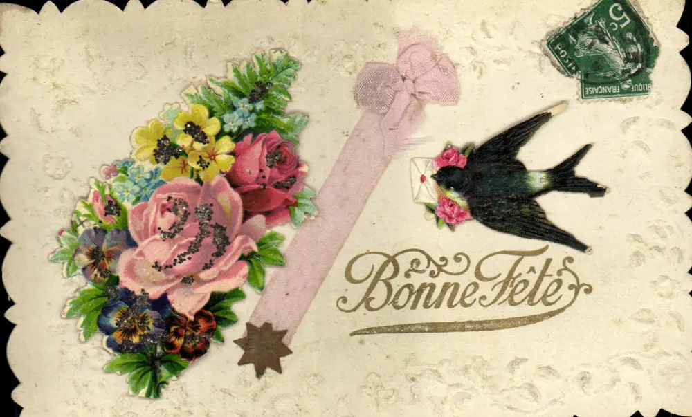 Bouquet de fleurs et oiseau — carte de vœux avec timbre 5 centimes — éditeur 'CARTE POSTALE' (verso) - Frente