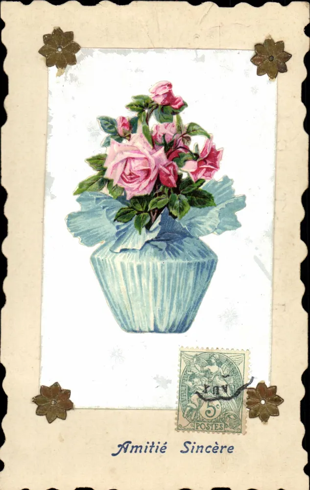 Arranjo de rosas — em um vaso azul — editor desconhecido - Frente