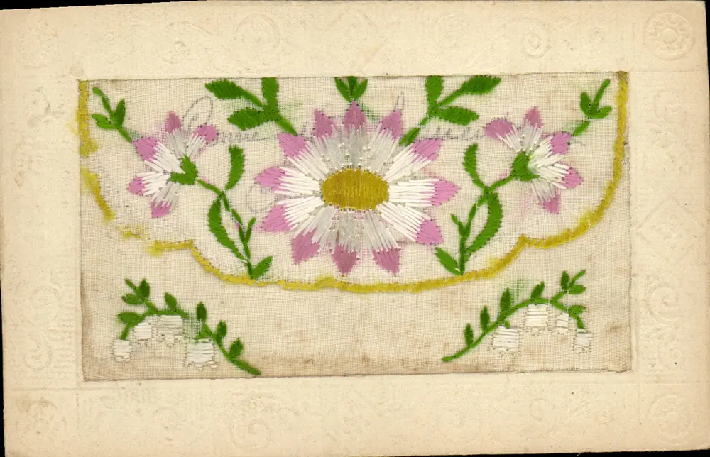 Fleur de camomille brodée — motivo floral em tecido — carta postal - Frente