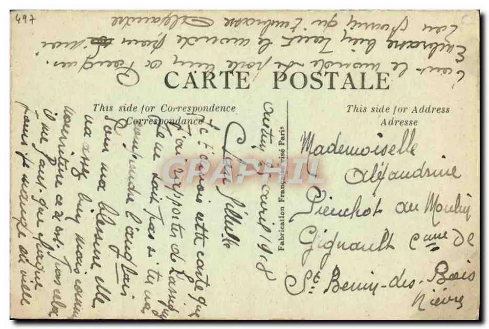 Arranjo de pensos — cartão postal bordado — Fabricação Francesa, Paris - Verso