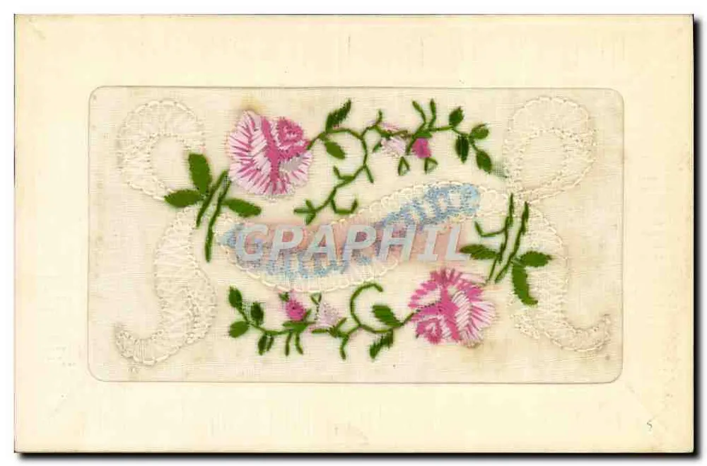 Carta postal decorativa — motivo bordado de rosas e guirlandas — editor GRAPHPHIL, n° 5 - Frente