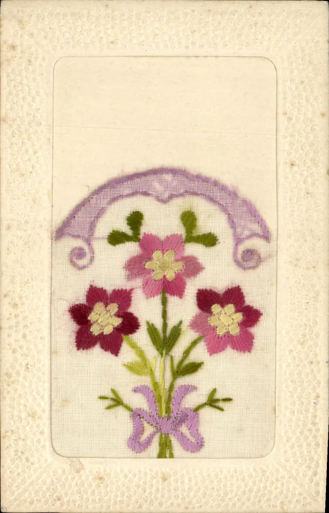 Flores bordadas — buquê sob arco — editor E.R. Paris - Frente