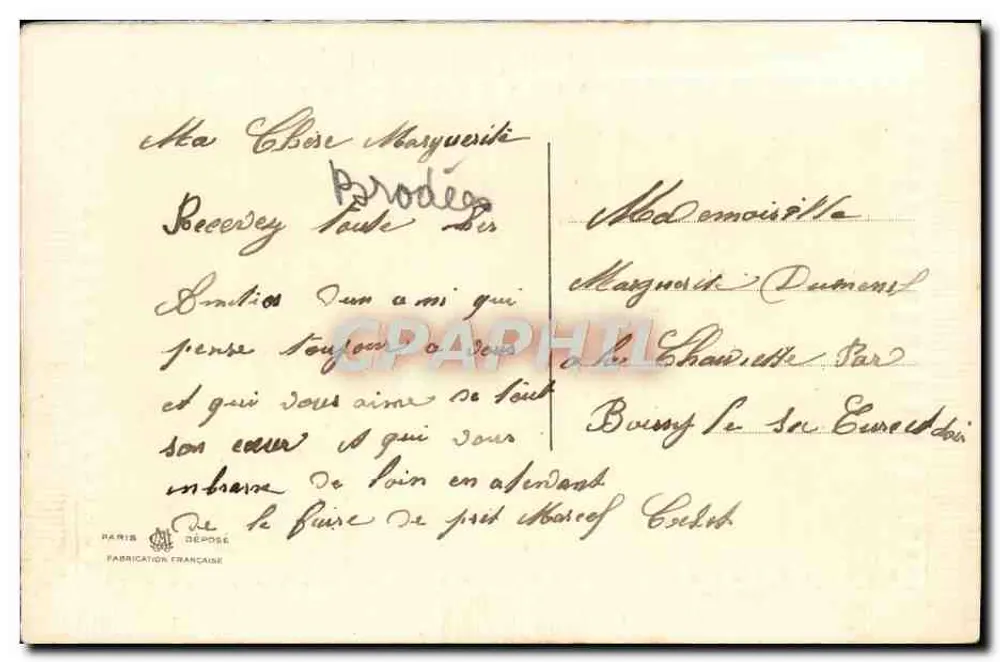 Flores da Esperança — cartão postal bordado — Paris Déposé - Verso