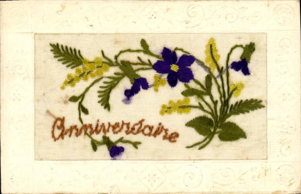 Aniversário — buquê de flores bordadas — Carte postale francesa - Frente