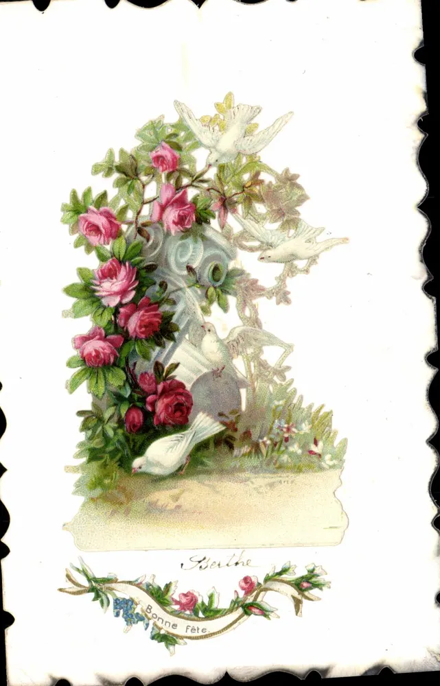 Paisaje floral con palomas — Feliz cumpleaños a Berthe — editor no visible - Anverso