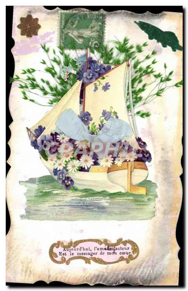 Barco a vela decorado com flores — texto impresso — editor desconhecido - Frente