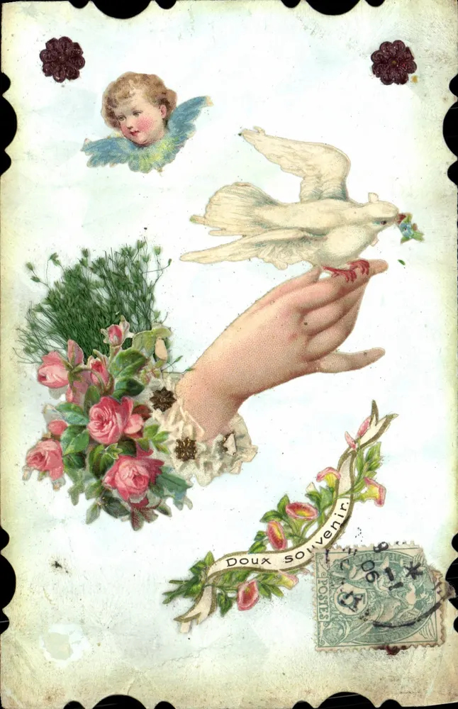 Douce Souvenir — oiseau blanc tenant des fleurs, ange et bouquet de roses — éditeur non visible - Recto